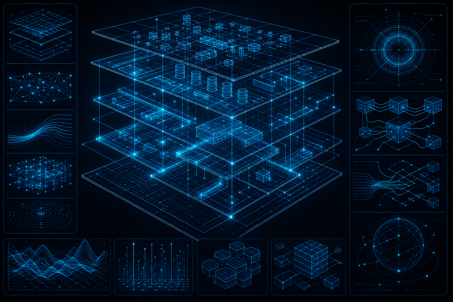 Abstract visualization of marketing channel architecture and strategic blueprint drafting